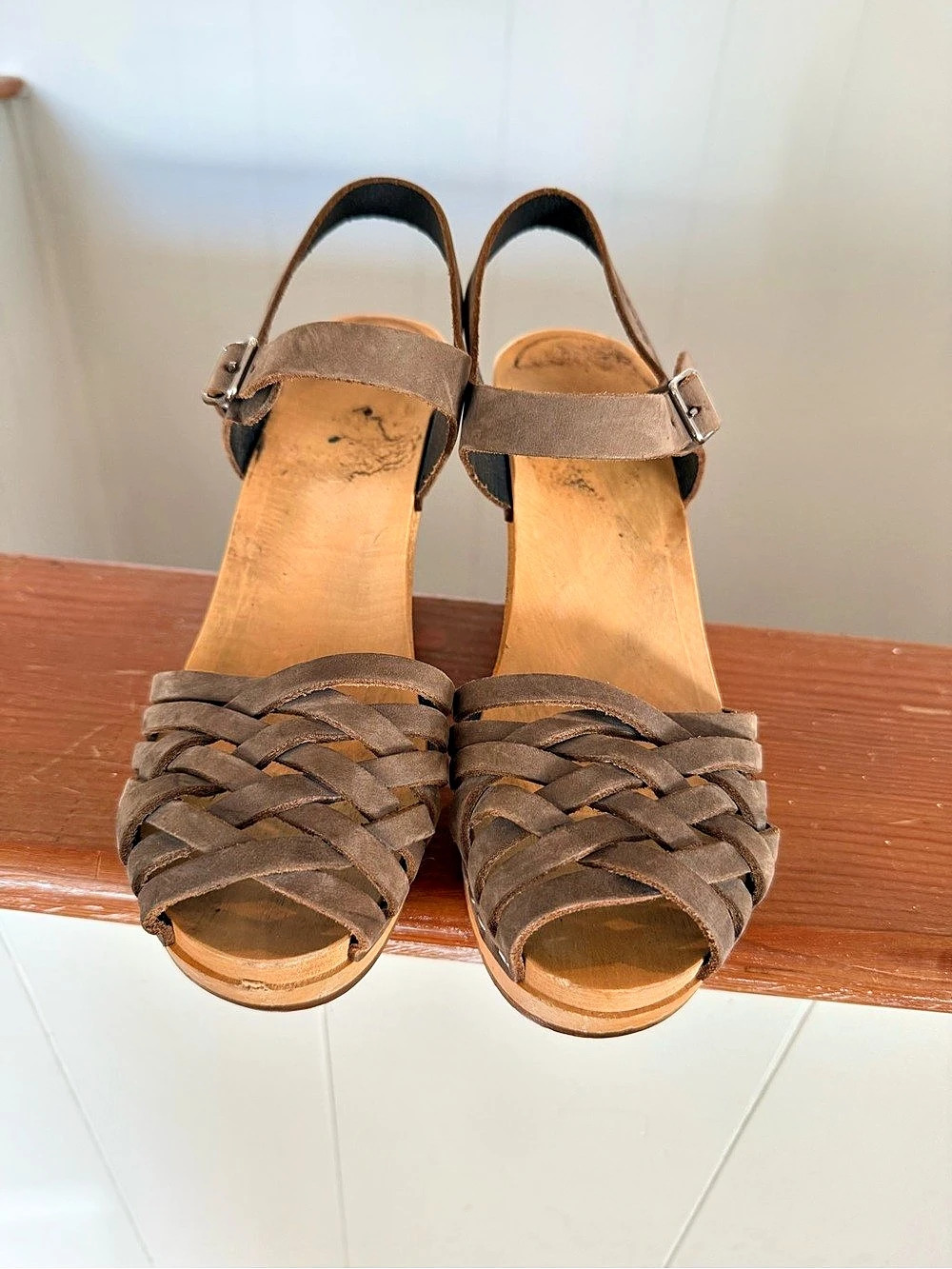 Swedish Hasbeens Woven Heeled Sandals in Light Grey